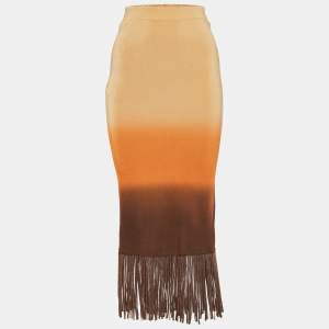 Sandro Beige/Orange Ombre Stretch Knit Fringed Midi Skirt S