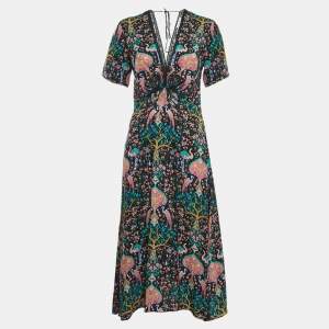 Sandro Multicolor Printed Crepe Jacquard Lace Trim Detail Midi Dress S