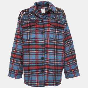 Sandro Multicolor Plaid Embellished Wool Blend Single Breasted Jacket XL