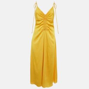 Sandro Yellow Crepe Shoulder Tie-Up Detail Gathered Praline Midi Dress M