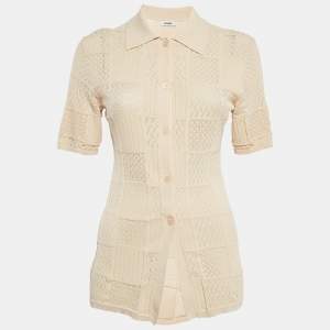 Sandro Beige Pointelle Knit Button Front Short Sleeve Shirt XS