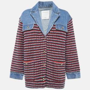 Sandro Blue/Multicolor Denim and Patterned Knit Button Front Jacket M