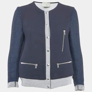Sandro Navy Blue Crepe Zip-Up Contrast Trim Jacket L
