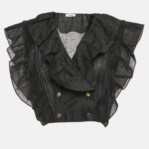 Sandro Black Linen Ruffled Semi Sheer Top L