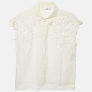 Sandro White Cotton Floral Lace Trimmed Button Front Blouse S