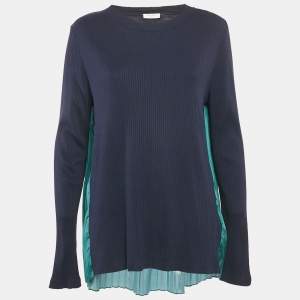 Sandro Navy Blue/Green Jersey and Paisley Print Plisse Full Sleeve Top L
