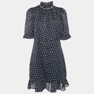 Sandro Navy Blue Polka Dots Lurex Chiffon Short Dress XL