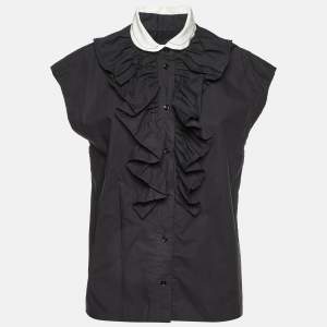 Sandro Black Cotton Ruffled Sleeveless Shirt L
