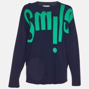 Sandro Blue/Green Smile Intarsia Knit Crewneck Sweater L