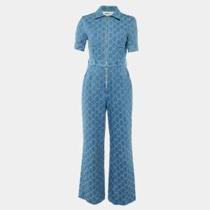 Sandro Blue Beehive Jacquard Denim Zip Up Jumpsuit M