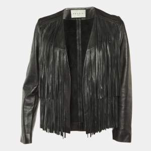 Sandro Black Leather Fringed Open Front Jacket L
