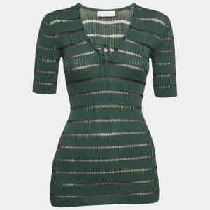 Sandro Green Striped Rib Knit Lace-Up Top S