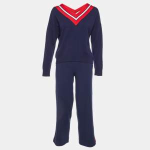 Sandro Navy Blue Wool Knit Stripe Detail Jumper & Trousers Set S