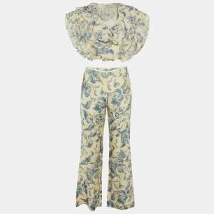 Sandro Cream Floral Print Linen Blend Cropped Top & Pants Set M
