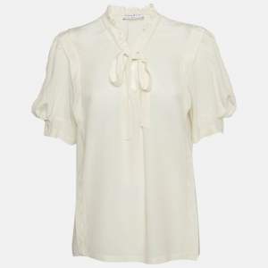 Sandro Off-White Silk Ruffled Tie-Up Neck Detail Blouse L