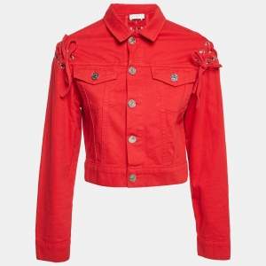 Sandro Red Denim Button Front Lace-Up Detail Jacket M