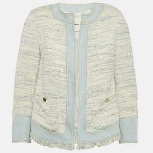 Sandro Blue & White Tweed & Denim Collarless Jacket S