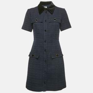 Sandro Navy Blue Tweed Faux Pocket Detail Mini Dress S