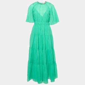 Sandro Green Lyocell Crystal Detail Tiered Long Dress S