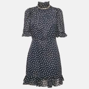 Sandro Navy Blue Polka Dot Print Lurex Crepe Neck Embellish Detail Mini Dress M