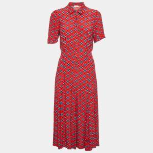 Sandro Red Printed Crepe Pleated Midi Dress S
