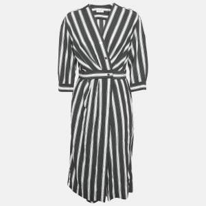 Sandro Black/White Stripe Viscose Wrap Midi Dress M