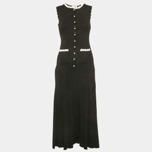 Sandro Black Crochet Trim Pleated Knit Long Dress S