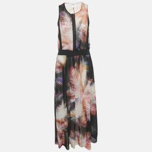 Sandro Pink Printed Silk and Rib Knit Trim Maxi Dress S