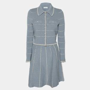 Sandro Blue Textured Stripe Stretch Knit Cardigan and Skirt Set S