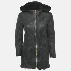 Sandro Black Shearling & Leather Reversible Hooded Jacket S
