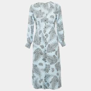 Sandro Blue Printed Sateen V-Neck Midi Dress M