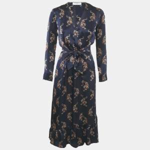 Sandro Navy Blue Oriental Tiger Print Satin Silk Wrap Dress S