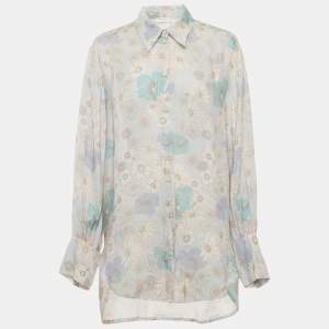 Sandro Blue Floral Print Crepe Long Sleeve Shirt M