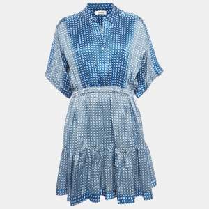 Pre Owned Sandro Blue Printed Satin Flounce Mini Dress M