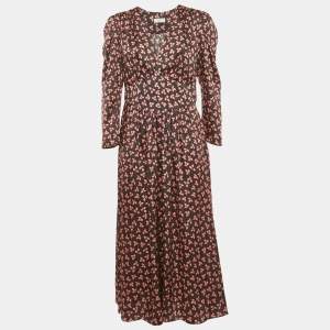 Sandro Black Leaf Print Satin Button Detail V-Neck Long Dress L