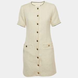 Pre Owned Sandro White Tweed Button Front Mini Dress S
