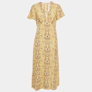 Sandro Yellow Floral Print Crepe V-Neck Midi Dress S   