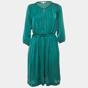 Pre Owned Sandro Green Satin Waist Braided Tie-Up Detail Dress S