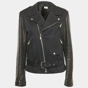 Sandro Navy Blue Cotton Leather Sleeved Biker Jacket L  