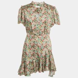 Sandro Cream Floral Print Crepe Ruffled Mini Dress L