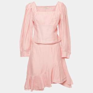 Sandro Pink Linen Ruffled Top and Skirt Set L