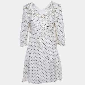 Pre Owned Sandro White Polka Dots Print Crepe Ruffled Mini Dress L