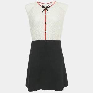 Pre Owned Sandro White /Black Lace & Tweed Bow Detailed Mini Dress L