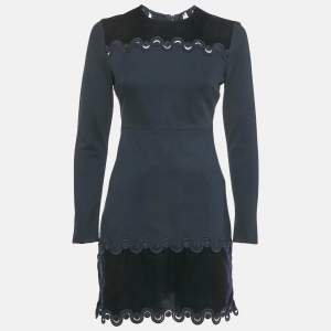 Pre Owned Sandro Navy Blue Jersey Lace and Velvet Detail Mini Dress S
