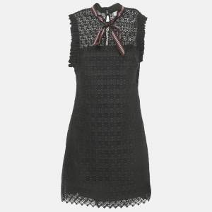 Pre Owned Sandro Black Lace Ruffled Sleeveless Tie Neck Detail Fidele Mini Dress M