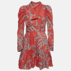 Sandro Red Paisley Print Satin Draped Neck Mini Dress S  