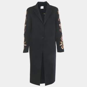 Pre Owned Sandro Navy Blue Floral Embroidery Wool Long Coat S