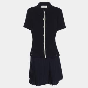 Pre Owned Sandro Navy Blue Crepe Pleated Polo Dress M