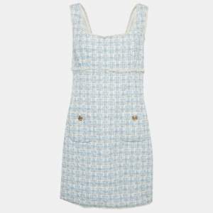 Pre Owned Sandro Blue /White Lurex Tweed Fridge Detail Mini Dress XL
