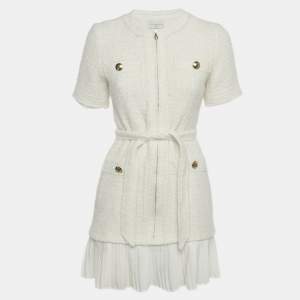 Pre Owned Sandro White Tweed & Plisse Mini Coat Dress S 